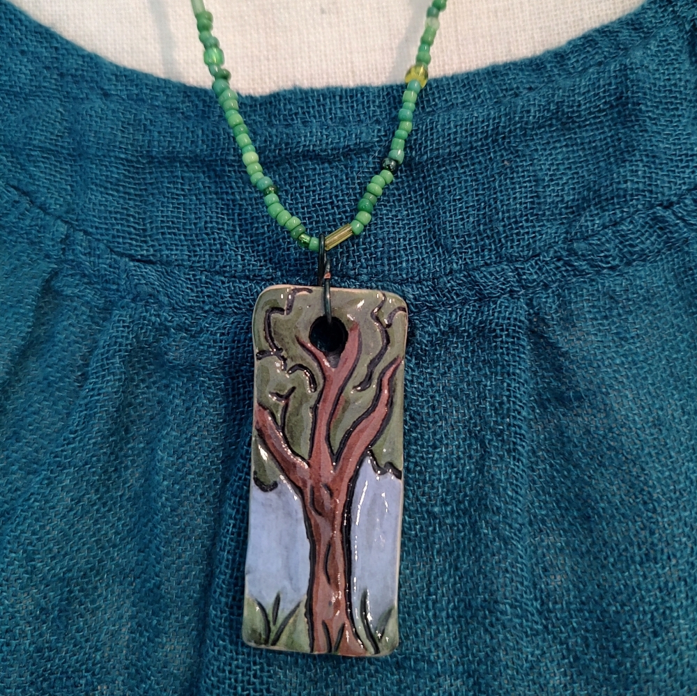 Tree Of Life Studio Art Beaded Pottery Necklace Green Boho